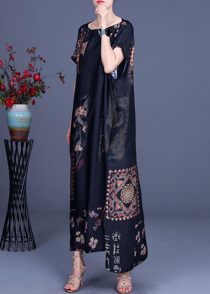 French Black Print Side Open Silk Long Dress Summer