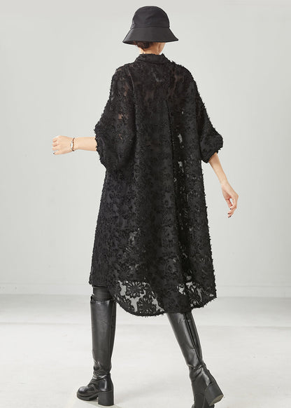 Black Tasseled Pockets Cotton Shirt Dress Spring