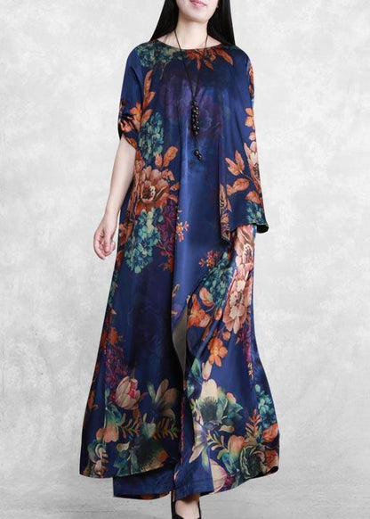 Original Literature and Art Blue Printing Large Mulberry Silk Suit Irregular Medium Long Silk Two Piece Set