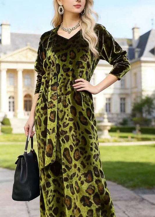 French Green V Neck Leopard Print Velvet Dress Spring