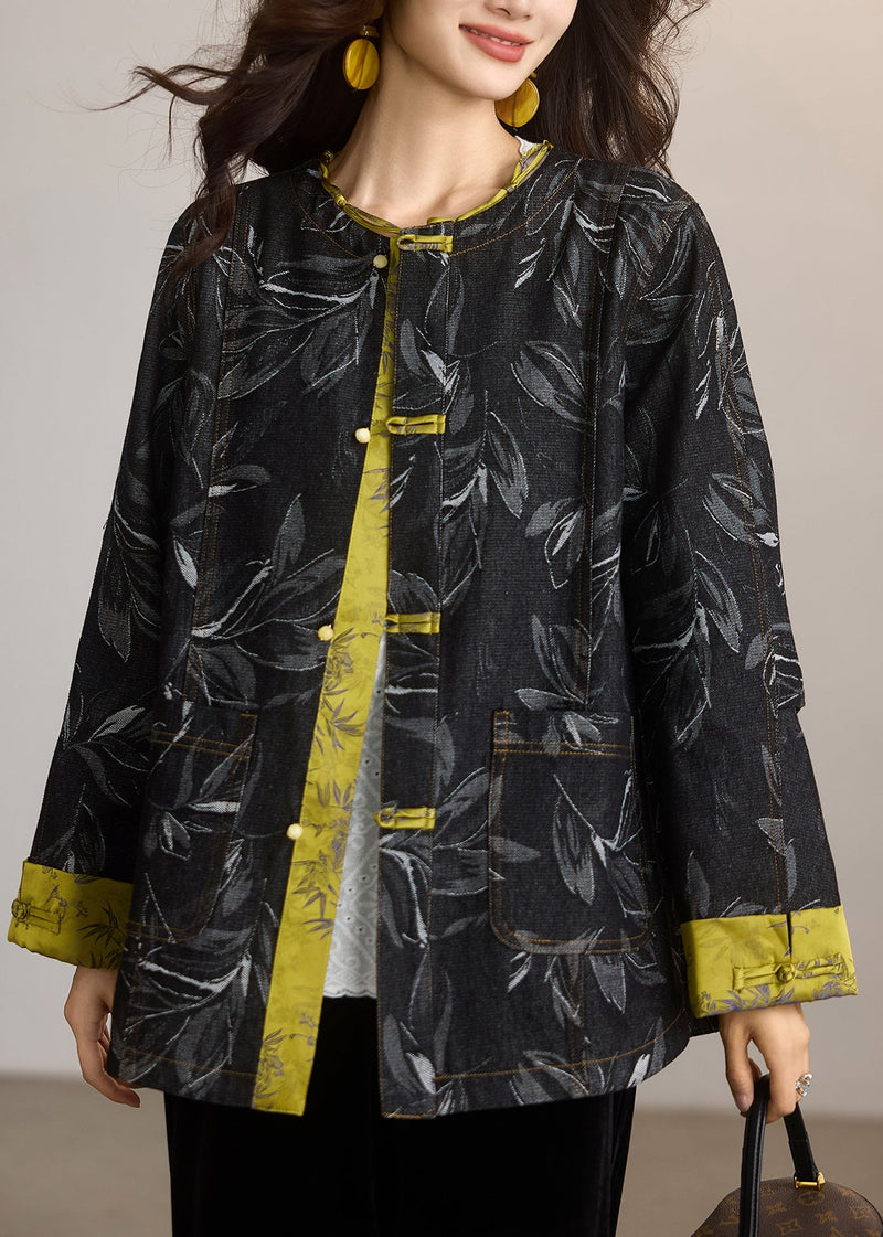 Black Print Patchwork Chinese Button Denim Jackets Spring