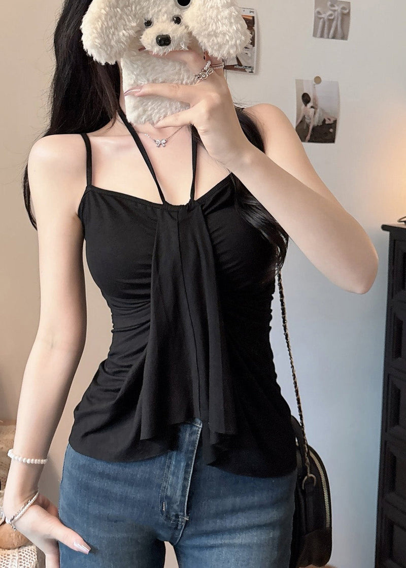 Black Asymmetrical Cotton Halter Vest Summer