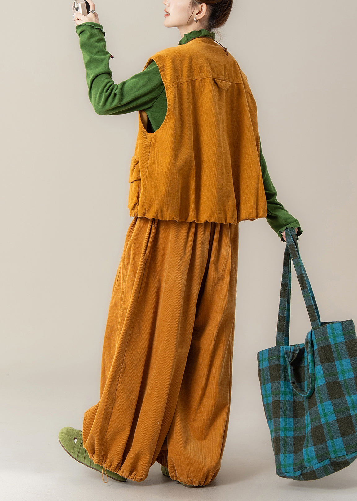 Yellow Zip Up Pockets Corduroy Sets 3 Pieces Winter