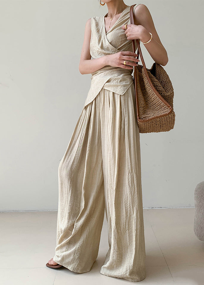 Boutique Apricot V Neck Wrinkled Linen Vest and Wide Leg Pants Two Pieces Set Summer