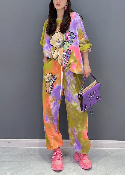 Tie Dye Little Bear Print Elastic Waist Cotton Two Pieces Set Fall