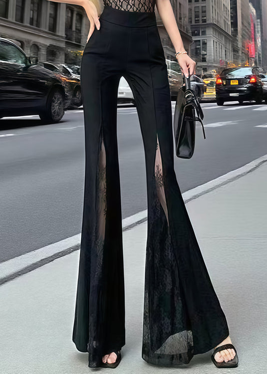 Diy Black High Waist Patchwork Lace Bell-bottom Trousers Summer