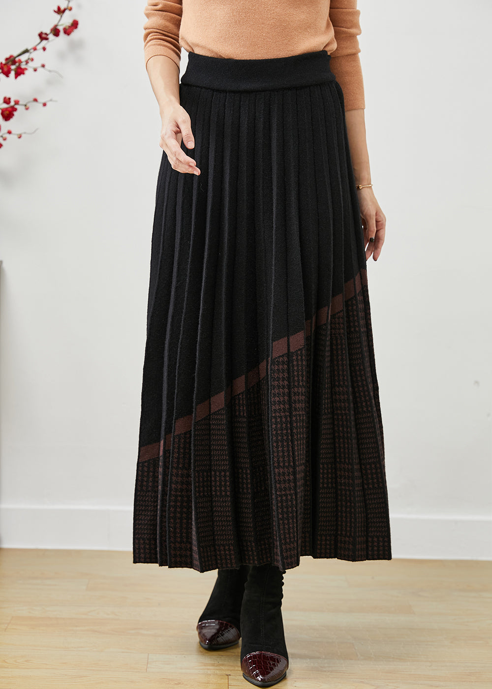Black Elastic Waist Print Woolen Pleated Skirt Fall