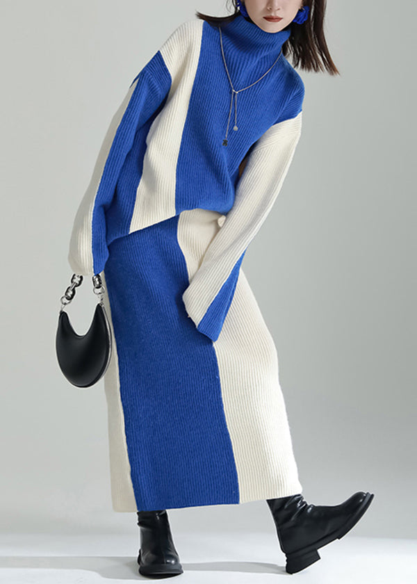 Boutique Blue Hign Neck Knit Tops and Skirts Two Pieces Set Winter
