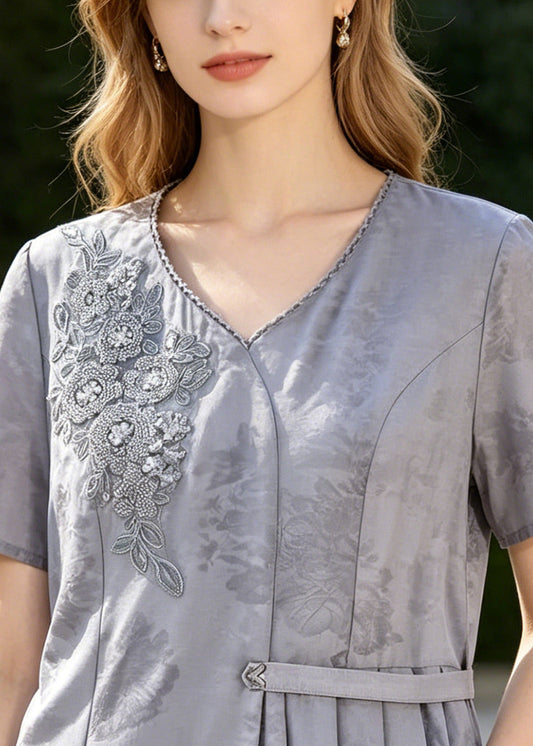 Grey Print Silk Top Embroidered Asymmetrical Design Summer