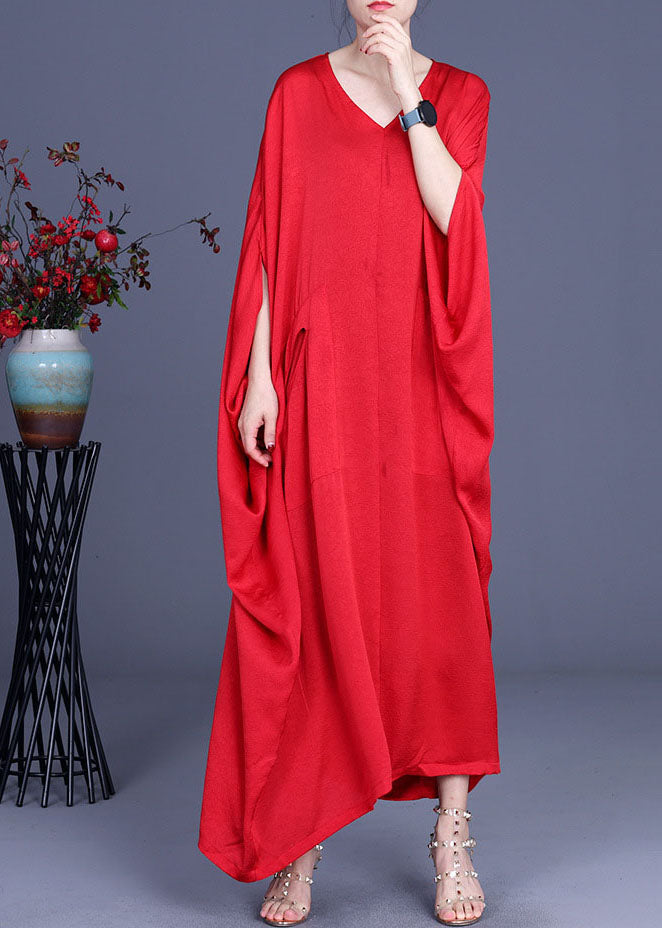 Red Bat Wing Sleeve Silk Maxi Dress V Neck Spring