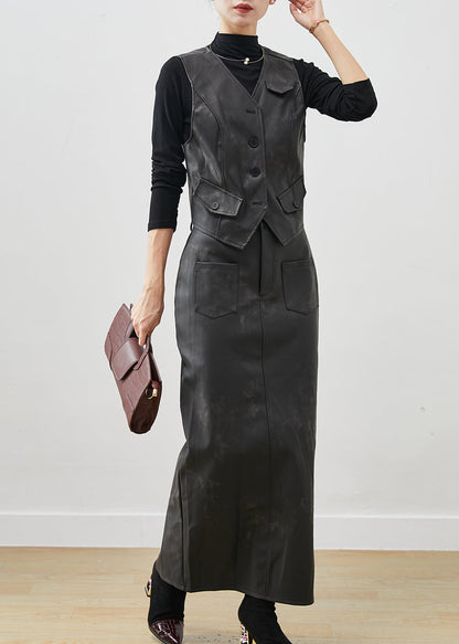 Black Silm Fit Faux Leather Two Piece Set Clothing Pockets Winter