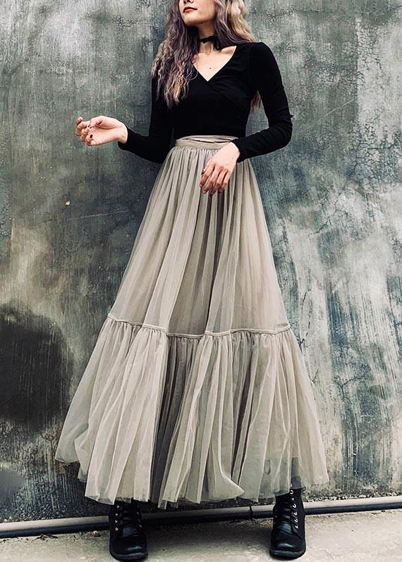 French Grey Zippered Retro Mid Length Mesh Skirt