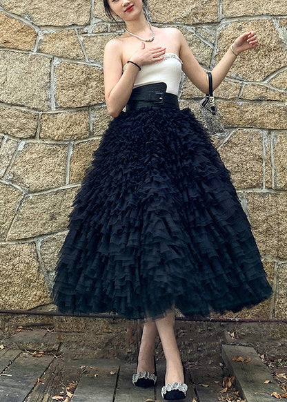 Black High Waist Patchwork Tulle Skirts Spring