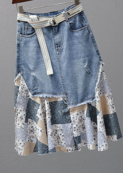Denim Blue Print Patchwork High Waist Maxi Skirt Summer