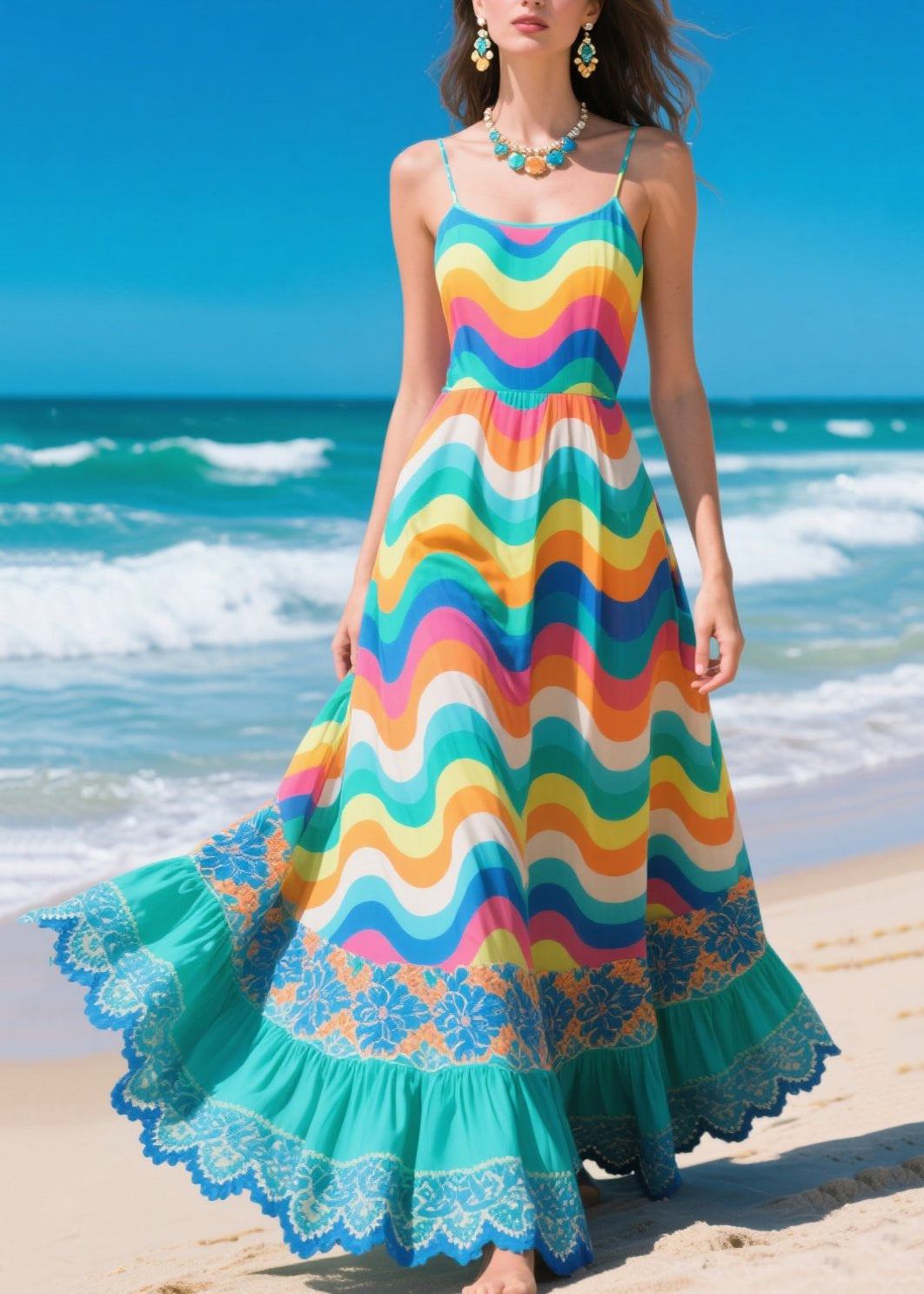 Multicolour Striped Patchwork Exra Large Hem Chiffon Beach Dresses Summer