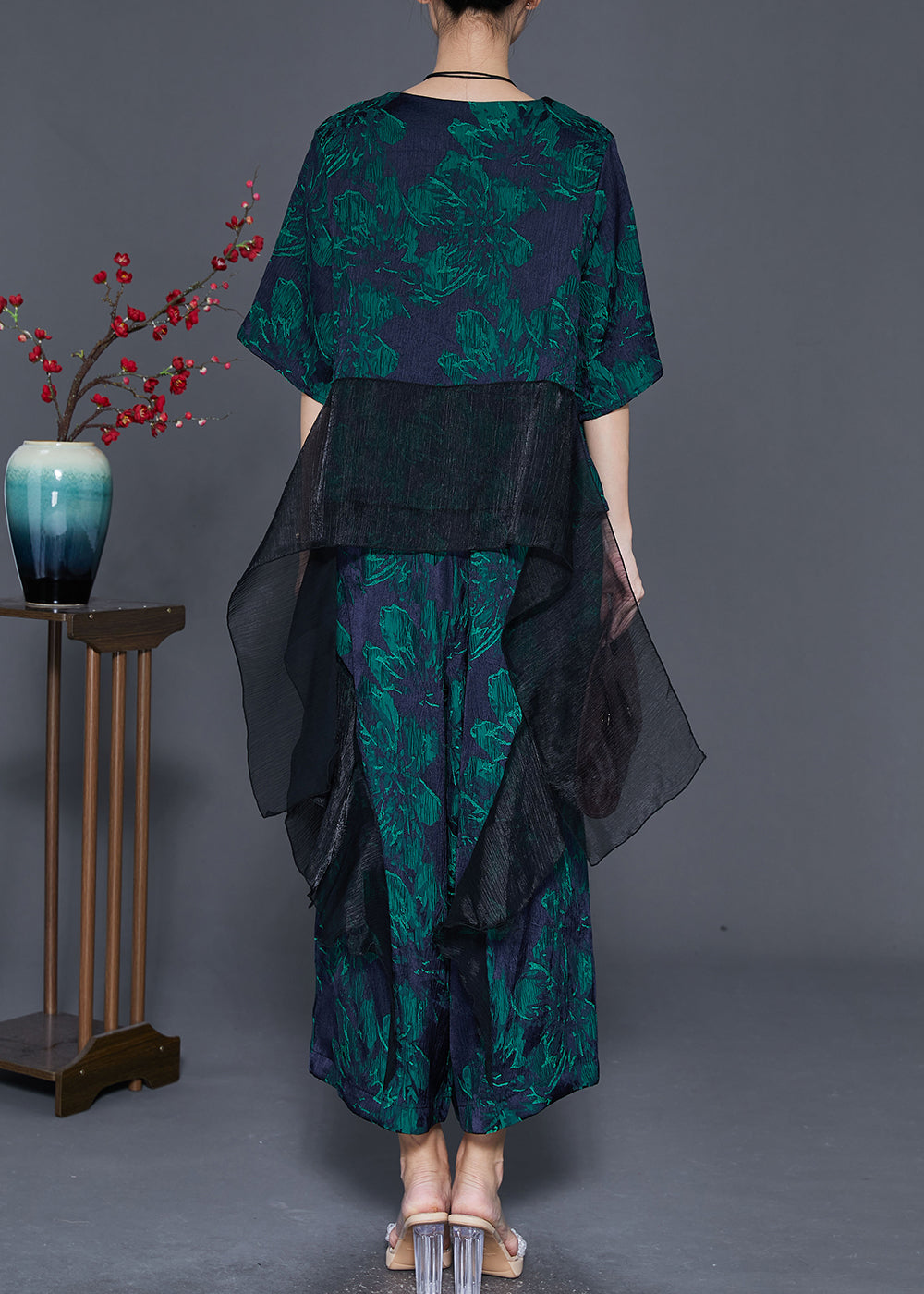 Stylish Green Oversized Patchwork Print Silk Two-piece Set Fall