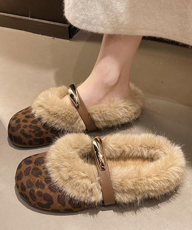 Leopard Slippers Shoes Splicing Fuzzy Wool Lined