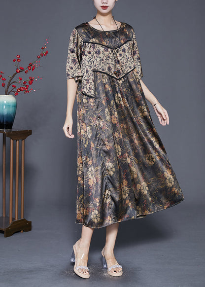 Khaki Oversized Patchwork Print Silk Dress Summer