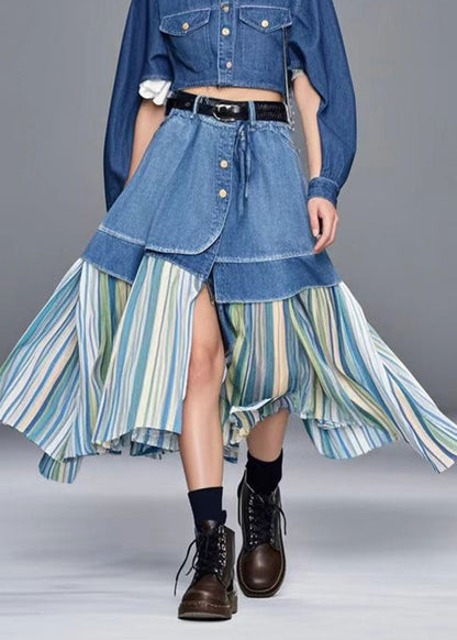 Blue Side Open Patchwork Striped Denim Skirt Spring