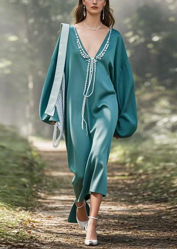 Loose Blue V Neck Patchwork Dress Spring