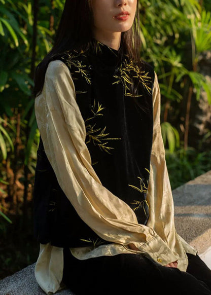 Black Stand Collar Embroideried Button Velour Waistcoat Sleeveless
