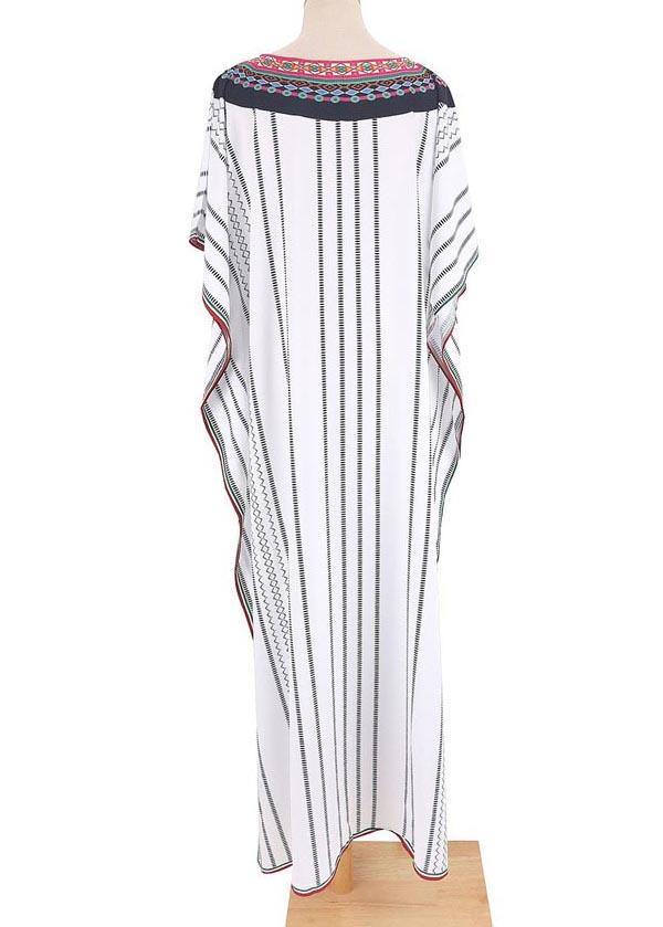 Loose White Striped Patchwork Beach Gown Holiday Cotton Dress