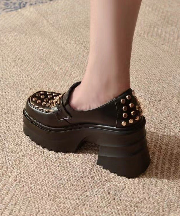 Chunky Platform Heels Black Cowhide Leather Rivet