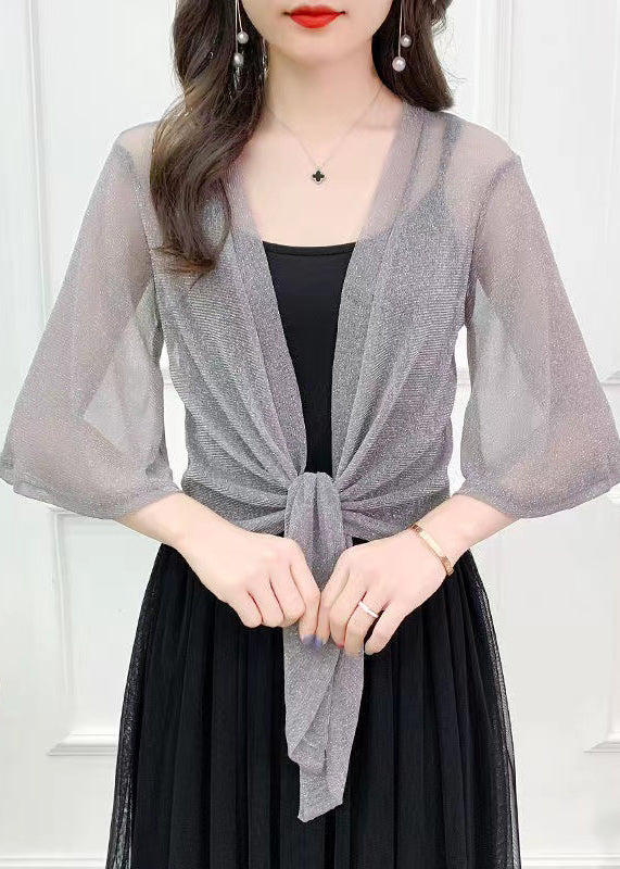 Loose Grey V Neck Lace Up Tulle Cardigans Half Sleeve Spring