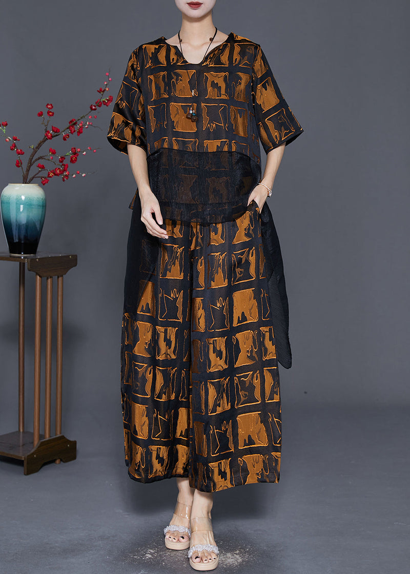 Brown Plaid Patchwork Silk Two Pieces Set Fall