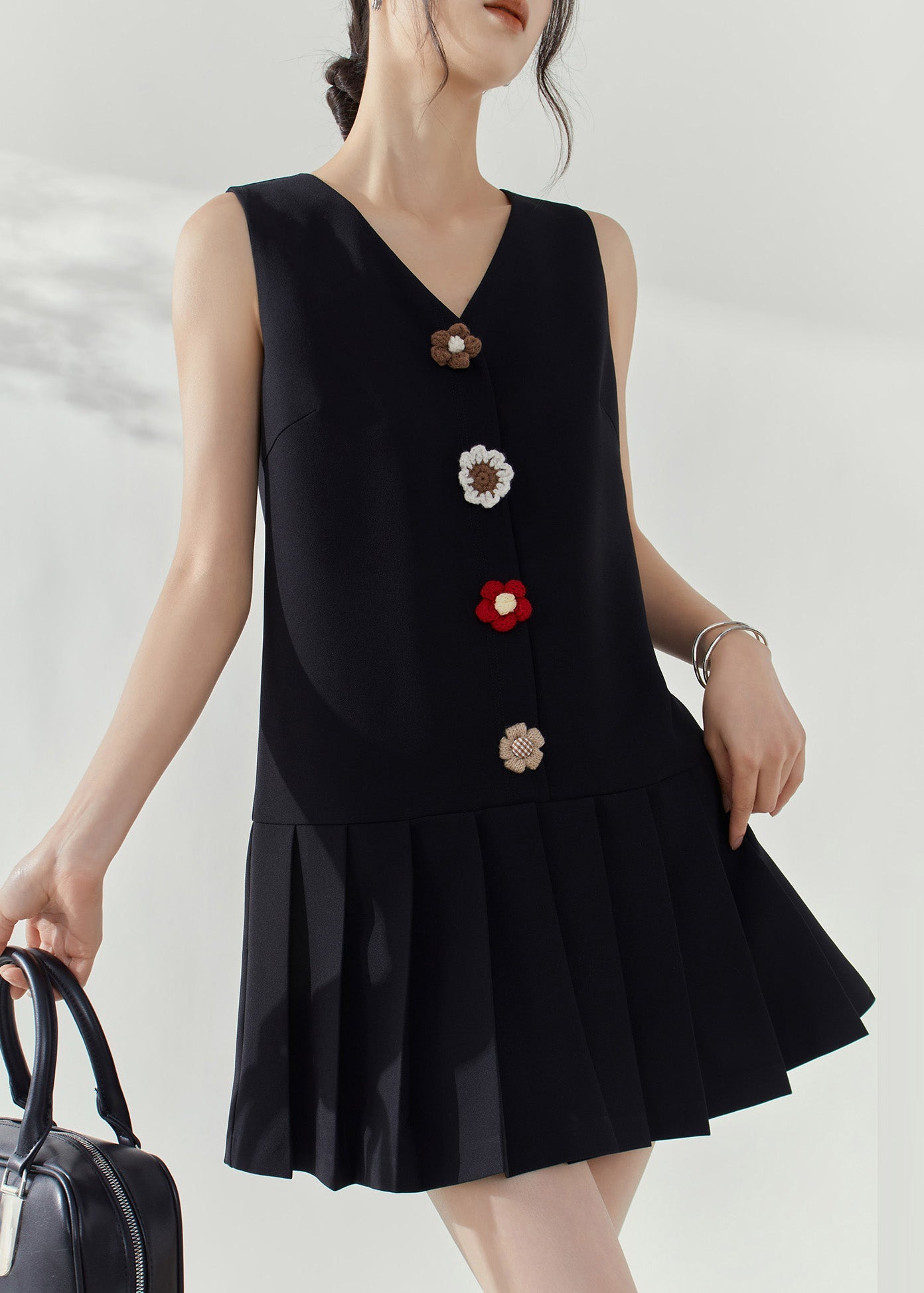 Modern Black V Neck Patchwork Mid Dresses Sleeveless Summer