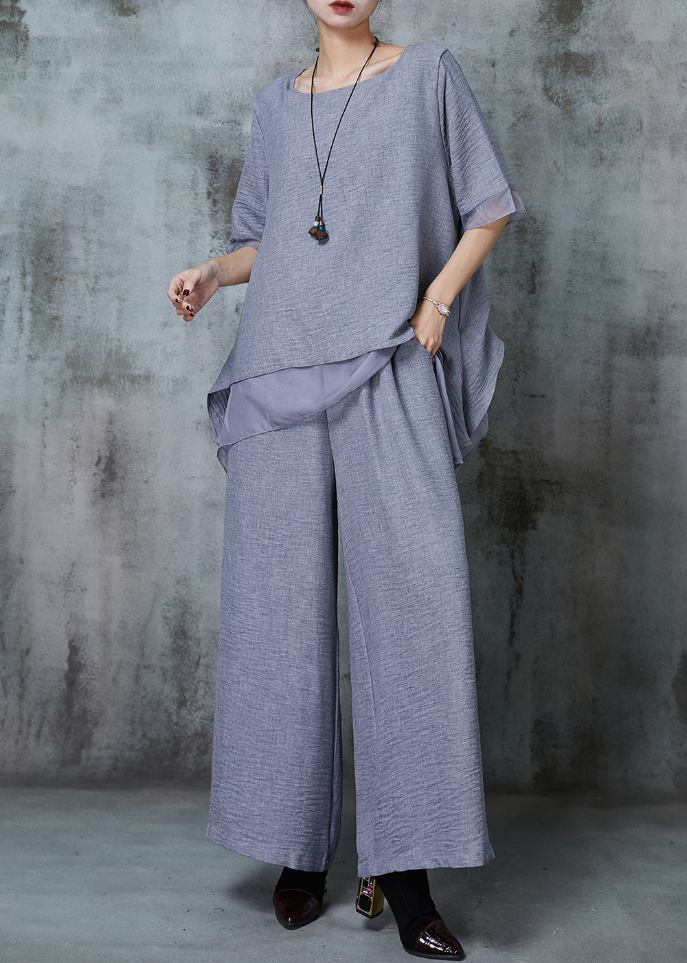 Grey Oversized Patchwork Linen Two Pieces Set Summer