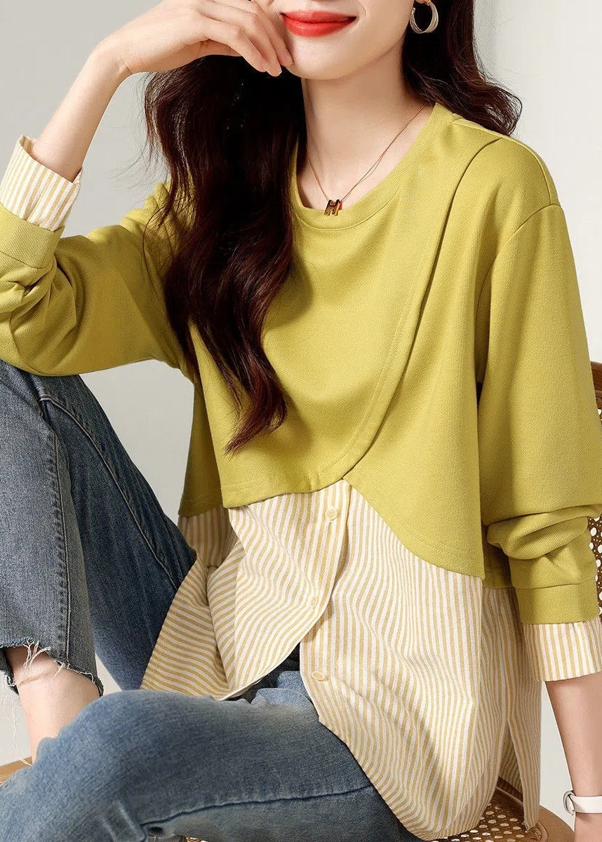 Loose Yellow O-neck Striped Patchwork T Shirts Long Sleeve