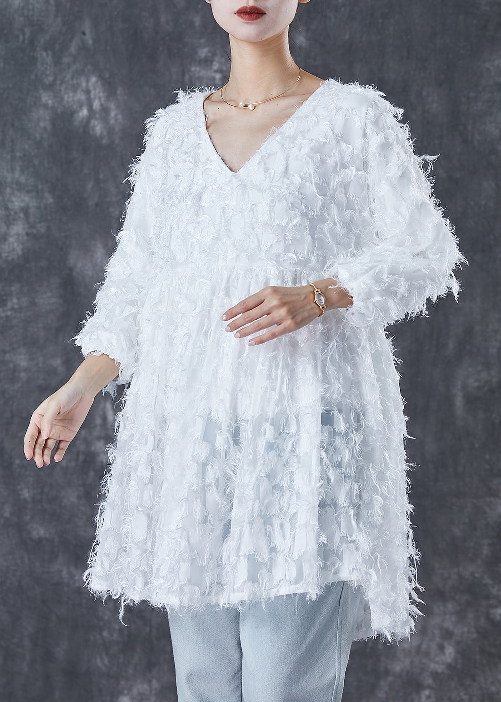 White Tasseled Cotton Mini Dress Bracelet Sleeve
