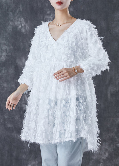White Tasseled Cotton Mini Dress Bracelet Sleeve