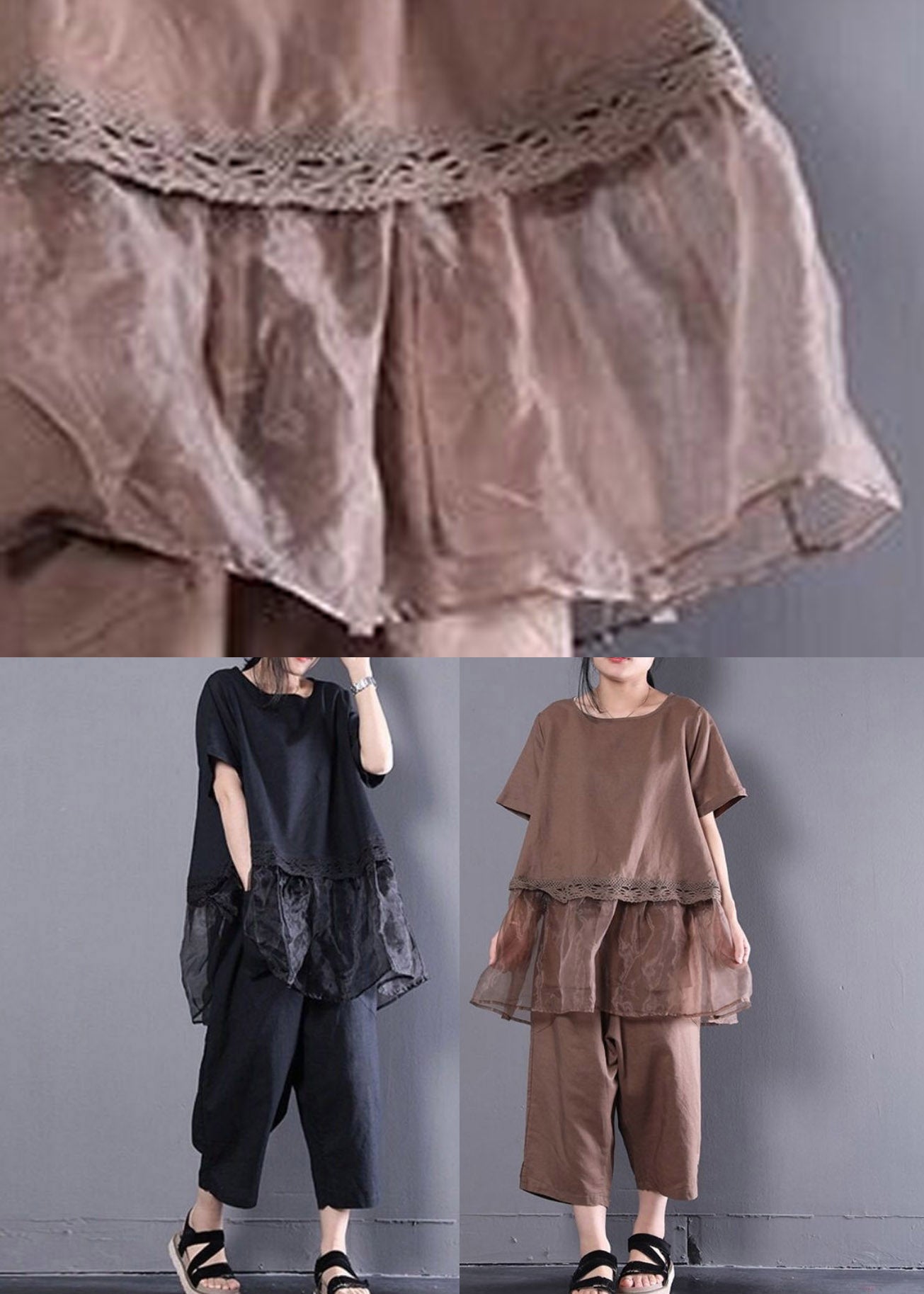 Loose Baggy Chocolate O-neck Top and Crop Pants Two Pieces Set Summer
