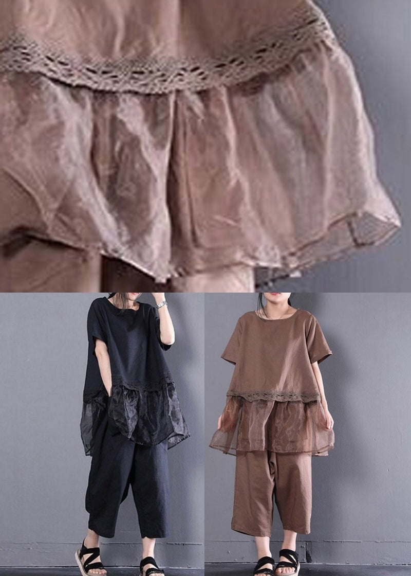 Black Oversized Organza Patchwork Top and Harm Pants Two Pieces Set Summer