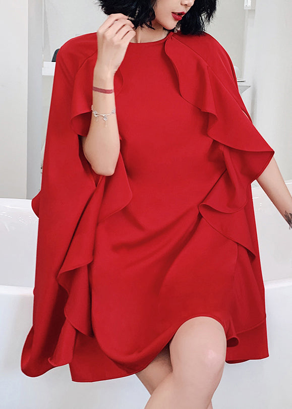 Red O-neck Ruffled Patchwork Cotton Mid Dresses Summer