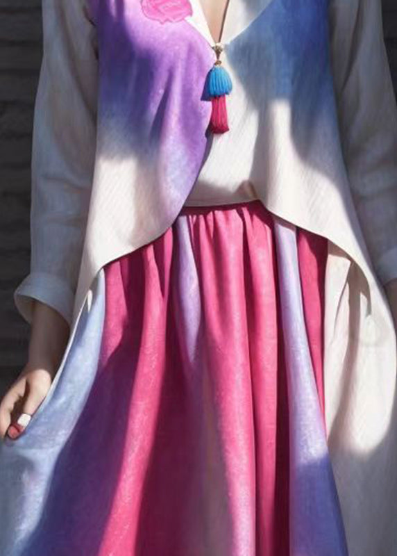 Gradient Color Asymmetrical Patchwork Silk Long Dress Long Sleeve