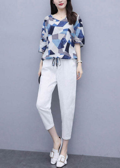 Vogue Blue Print Tops and Crop Pants Summer
