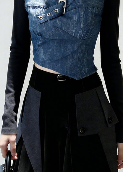 Black Square Collar Patchwork Denim Shirt Tops Spring