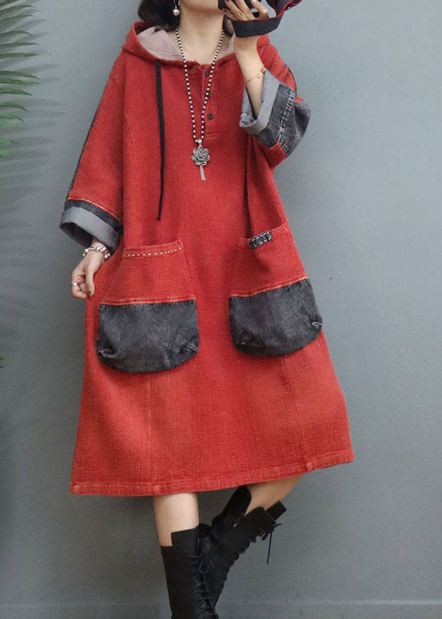 Orange Red Drawstring Button Patchwork Dress Spring