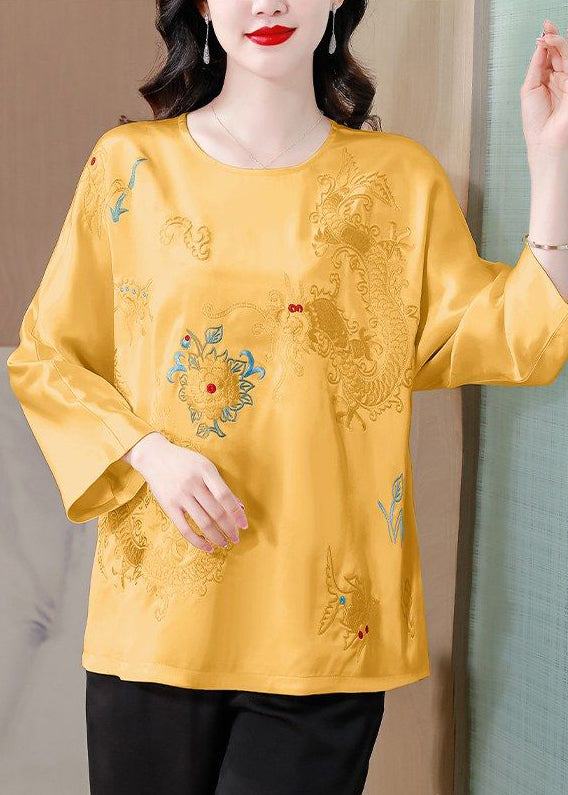 Yellow Embroidered Silk Blouse Tops Spring