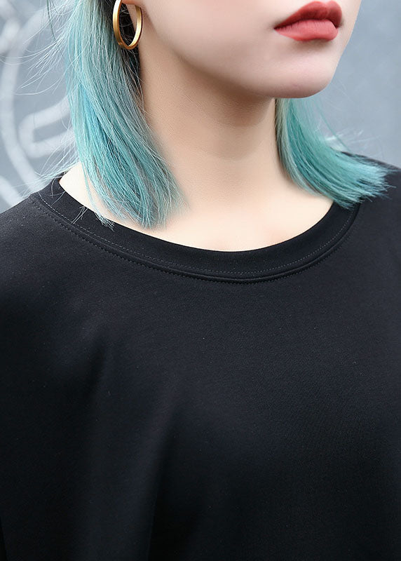 Fitted Black O-neck Asymmetrical Design Loose Fall Long Sleeve Top