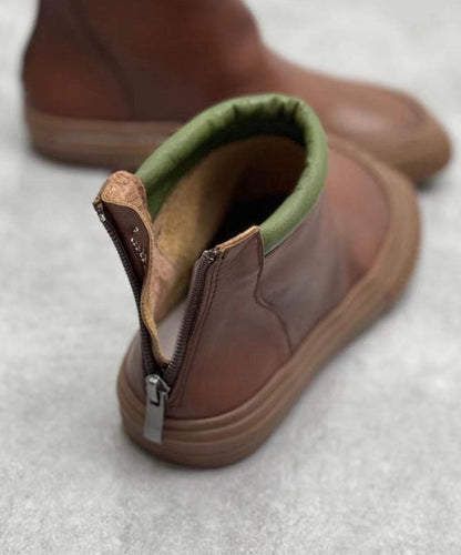 Chocolate Zippered Boots Cowhide Leather Ankle Boots