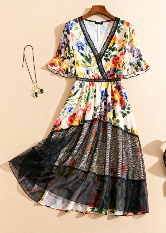 V Neck Print Tulle Patchwork Long Dress Summer