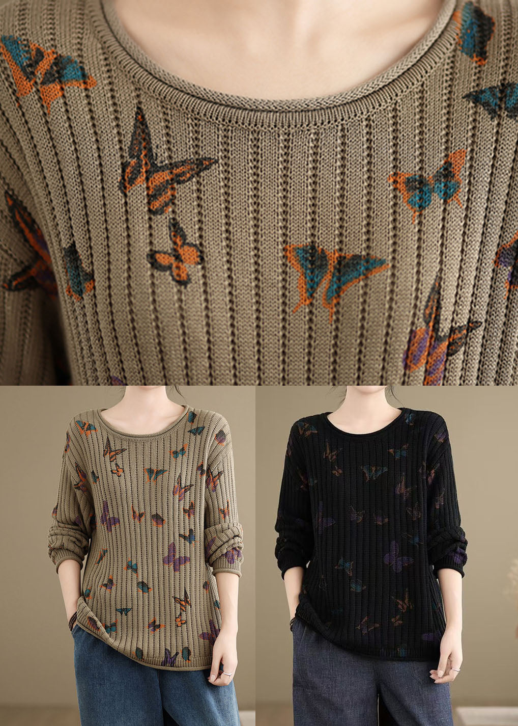 Black O Neck Print Cotton Knit Sweaters Spring