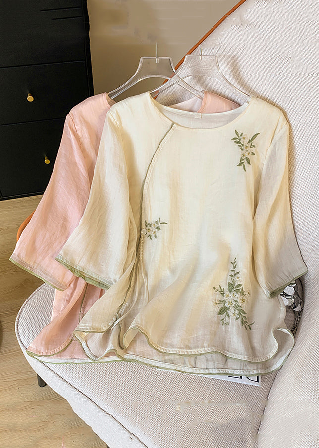 Apricot Button Tasseled Cotton Shirt Embroidered Spring