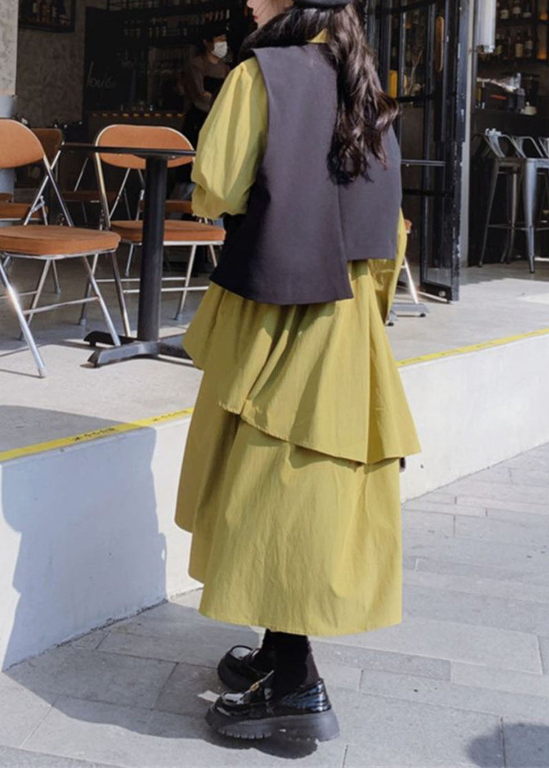 French Patchwork Black Waistcoat and Green Long Dress Two Pieces Set Long Sleeve