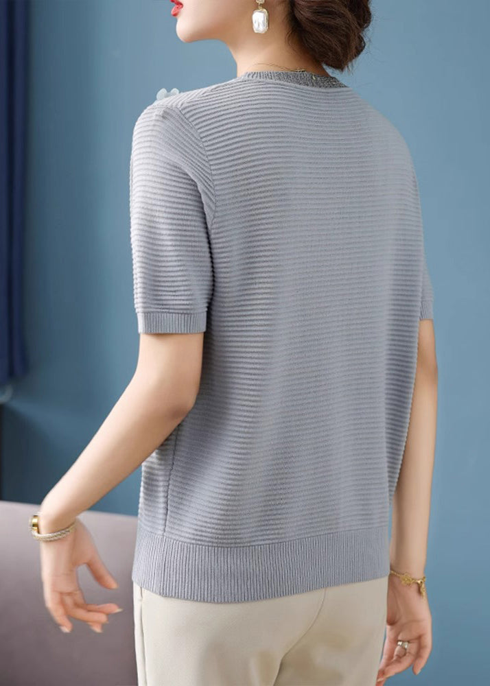 French Grey Striped Ice Silk Top Short Sleeve