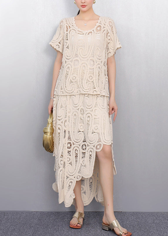 Beige O-neck Lace T Shirt and Maxi Skirts Two Piece Set Short Sleeve